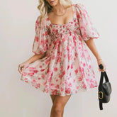 Floral Print Short Puff Sleeve Mesh Layered Babydoll Short Dress
