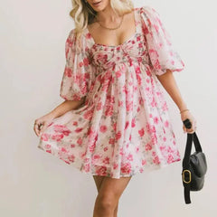 Floral Print Short Puff Sleeve Mesh Layered Babydoll Short Dress