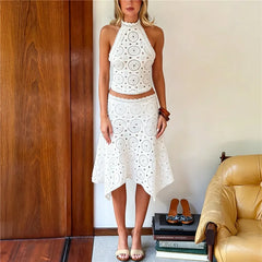 White Crochet Halter Neck Back Tie Crop Top And Midi Skirt Set