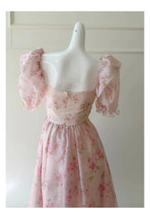 Pink Floral Square Puff Sleeve Flounced Midi Dress