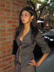 Striped Half Sleeve Lace Up Shirt