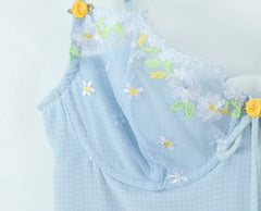 Blue Embroidery Lace Strap Babydoll Mini Dress