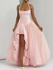 Halter Neck Puff Maxi Dress