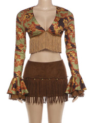 Long Sleeve Crop Top And Tassel Patchwork Mini Skirt Set