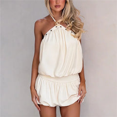 Halter Metal Eyelet Open Back Bubble Hem Short Dress