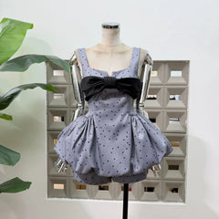 Polka Dot Bow Embellished Bubble Hem Mini Dress With Shorts