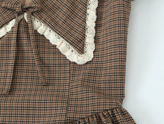 Brown Plaid Puff Short Sleeve Peterpan Collar Mini Dress