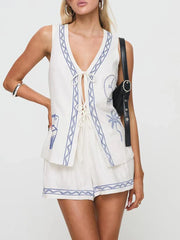 Graphic Print Tie Up Vest and Shorts Set