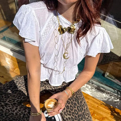 White Eyelet Short Cap Sleeve Round Neck Blouse