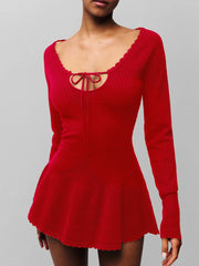 Solid Knit Long Sleeve Front Tie Mini Dress
