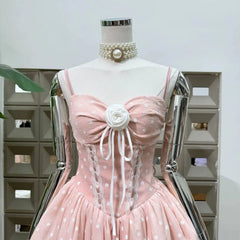 Polka Dot Corset Spaghetti Strap 3D Flower Flared Mini Dress