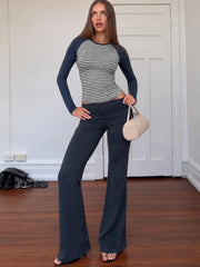 Blue Striped Long Sleeve Crop Top And Low Waist Flared Pants Set