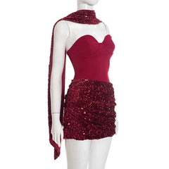 Scarf Collar Sequin Strapless Mini Dress