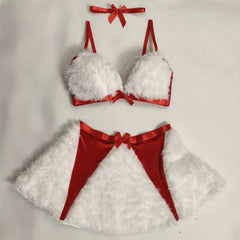 Red Fur Bra And Mini Skirt With Choker Bow Set