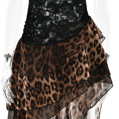 Lace One Shoulder Leopard Print Ruffle Asymmetrical Hem Midi Dress