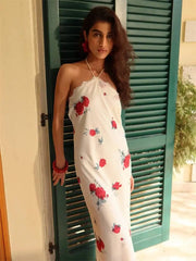 Satin Halter Lace Trim Maxi Dress
