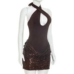 Sequin Patchwork Halter Tank Mini Bodycon Dress