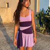Purple Waist Tie Patchwork Mini Dress