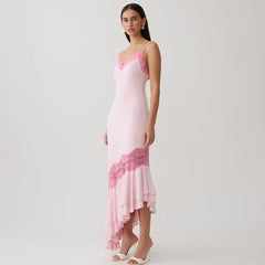 Lace Trim Ruffle Mermaid Hem Cami Midi Dress