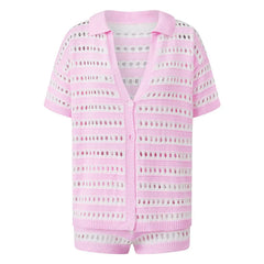 Striped Crochet Knit Short Sleeve Button Down Shirt and Shorts Hollow Out Set