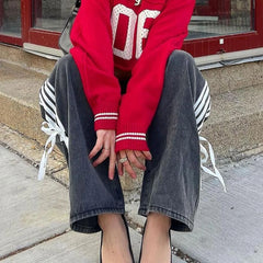 Low Rise Jeans Side Stripe Tie Bow Straight Leg Denim Pants