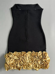 Black Strapless Gold 3D Flowers Mini Dress