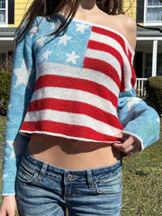 One-Shoulder American Flag Knit Top