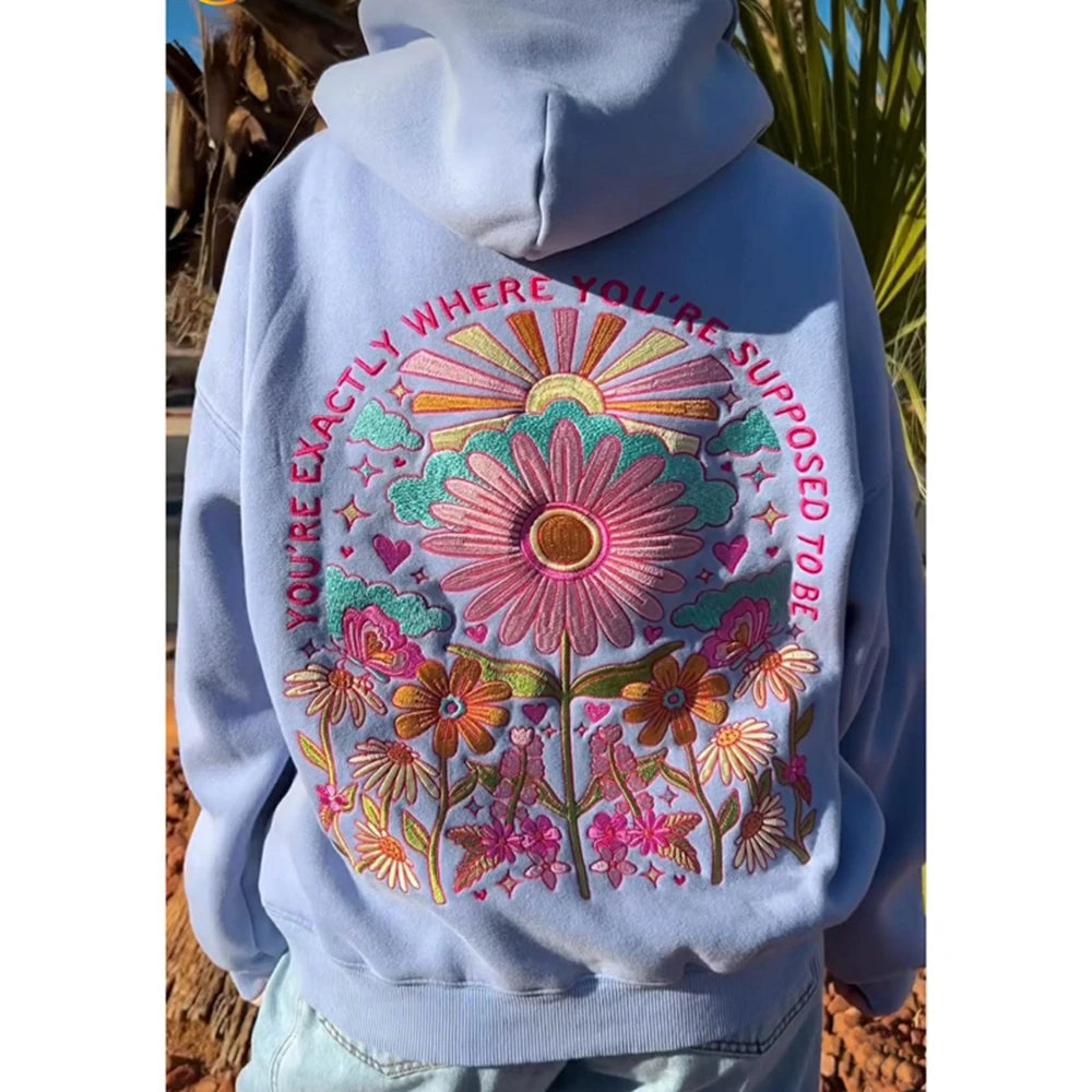 Women's floral letter embroidered hoodie with a loose fit.