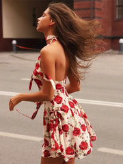 Red Printed Neck Scarf Halter Mini Dress