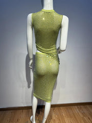 Green O Neck Sleeveless Crystal Top And Mesh Midi Skirt Set