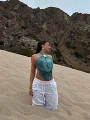 Blue Tie Dye Halter Deep Neck Top