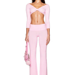 Pink Knitted Twisted Long Sleeve Cropped Top and Flared Pants Bow Set