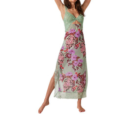 Floral Print Lace Patchwork Cutout V-Neck Midi Dress