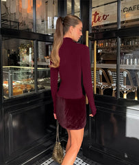 Red Turtleneck Long Sleeve Fur Patchwork Mini Dress
