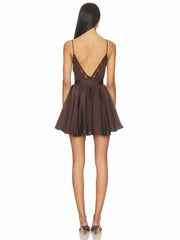 Brown Satin Spaghetti Strap Lace Patchwork Mini Dress