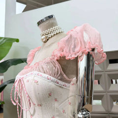 Floral Print Corset Square Neck Puff Sleeve Ruffle Hem Mini Dress