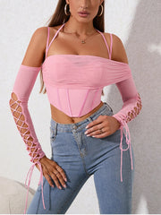 Pink Off Shoulder Lace Up Long Sleeve Corset Crop Top