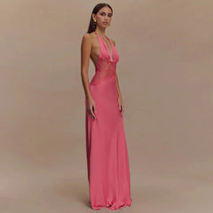 Satin Lace Patchwork V-neck Midi Dress