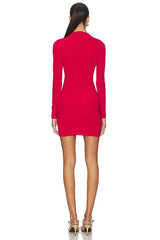 Red Metal Buckle Hollow Out Long Sleeved Mini Dress