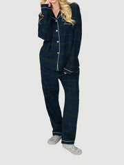 Plaid Print Long Sleeve Button Down Tops And Elastic Waist Pants Christmas Pajama Set