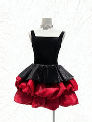 Black Velvet Puff Layered Hem Mini Dress