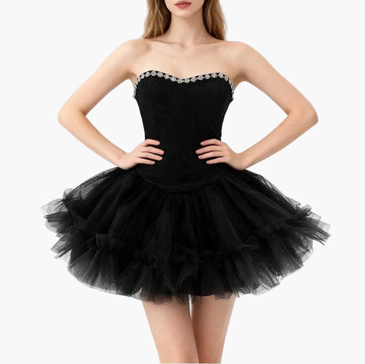 Beaded Neck Strapless Corset Tulle Flare Mini Dress