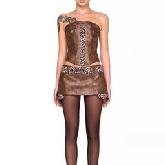 Brow Pu Printed Patchwork Corset And Mini Skirt Set