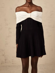 Black Off Shoulder Long Sleeves Bow Design A-line Dress