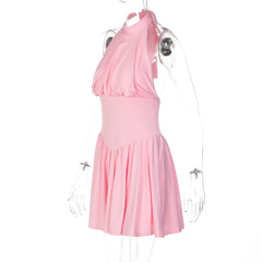 High Neck Tie Up Pleated Hem Mini Dress