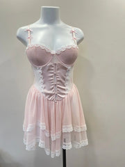 Mesh Tiered Dotted Lace Trim Mesh Night Dress