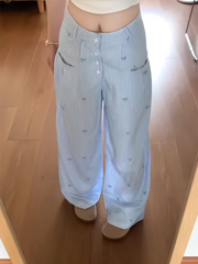 Blue Striped Wide Leg Bow Embroidery Pants