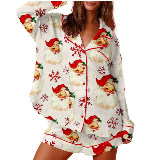 Christmas Santa Nutcracker Button Down Shirt And Shorts Pjs Set