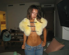 Cropped Faux Fur Lace Up Jacket