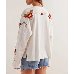 Graphic Numer Floral Embroidery Long Sleeve Shirt